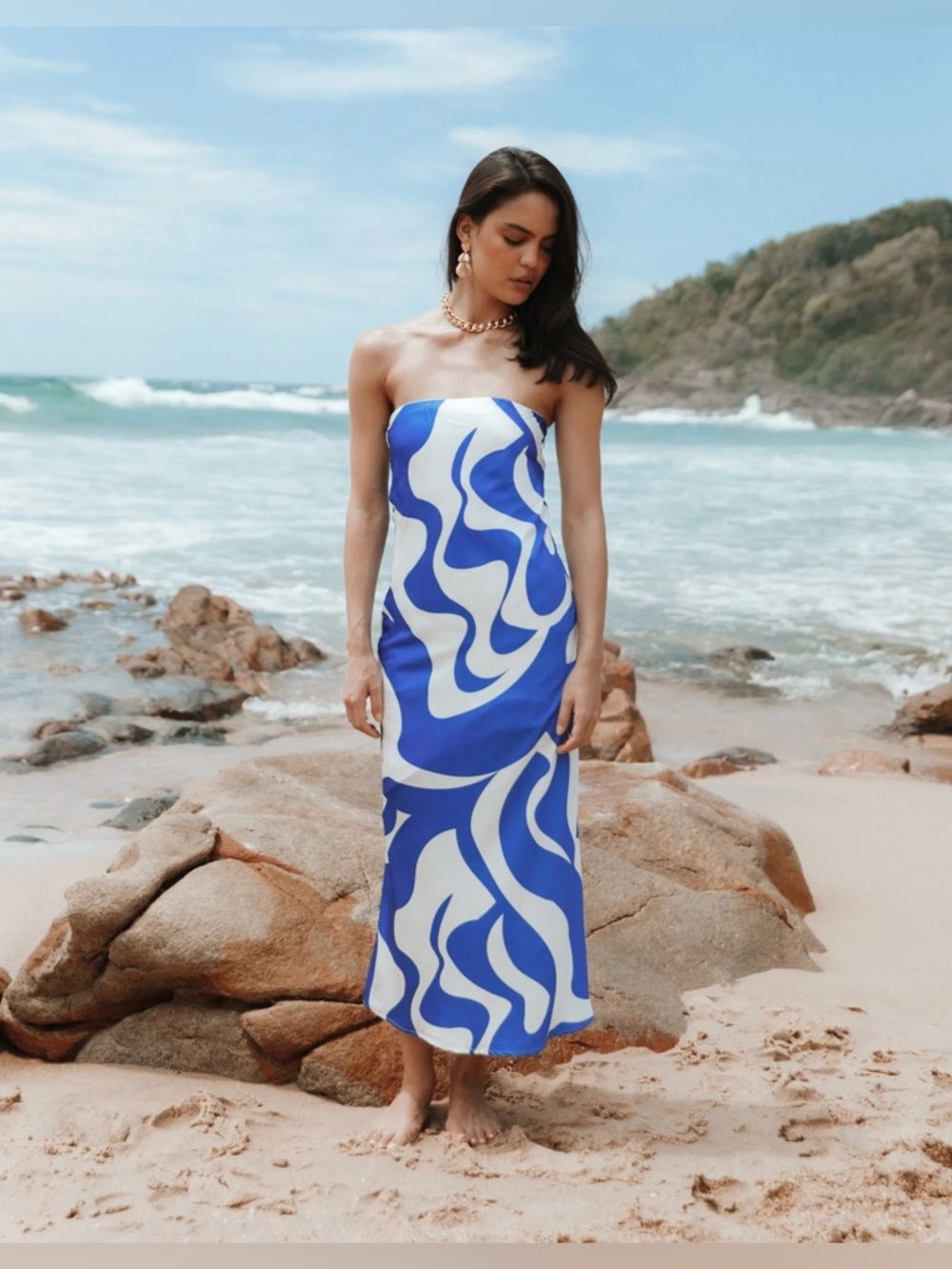 SNDYS Blue White Strapless Satin Midi Dress Size S